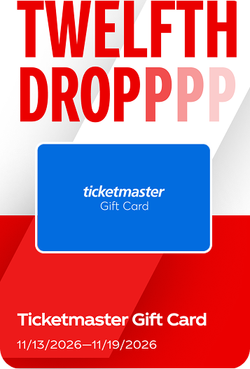 Twelfth fall football campaign drop showcasing a blue Ticketmaster gift card for live events.