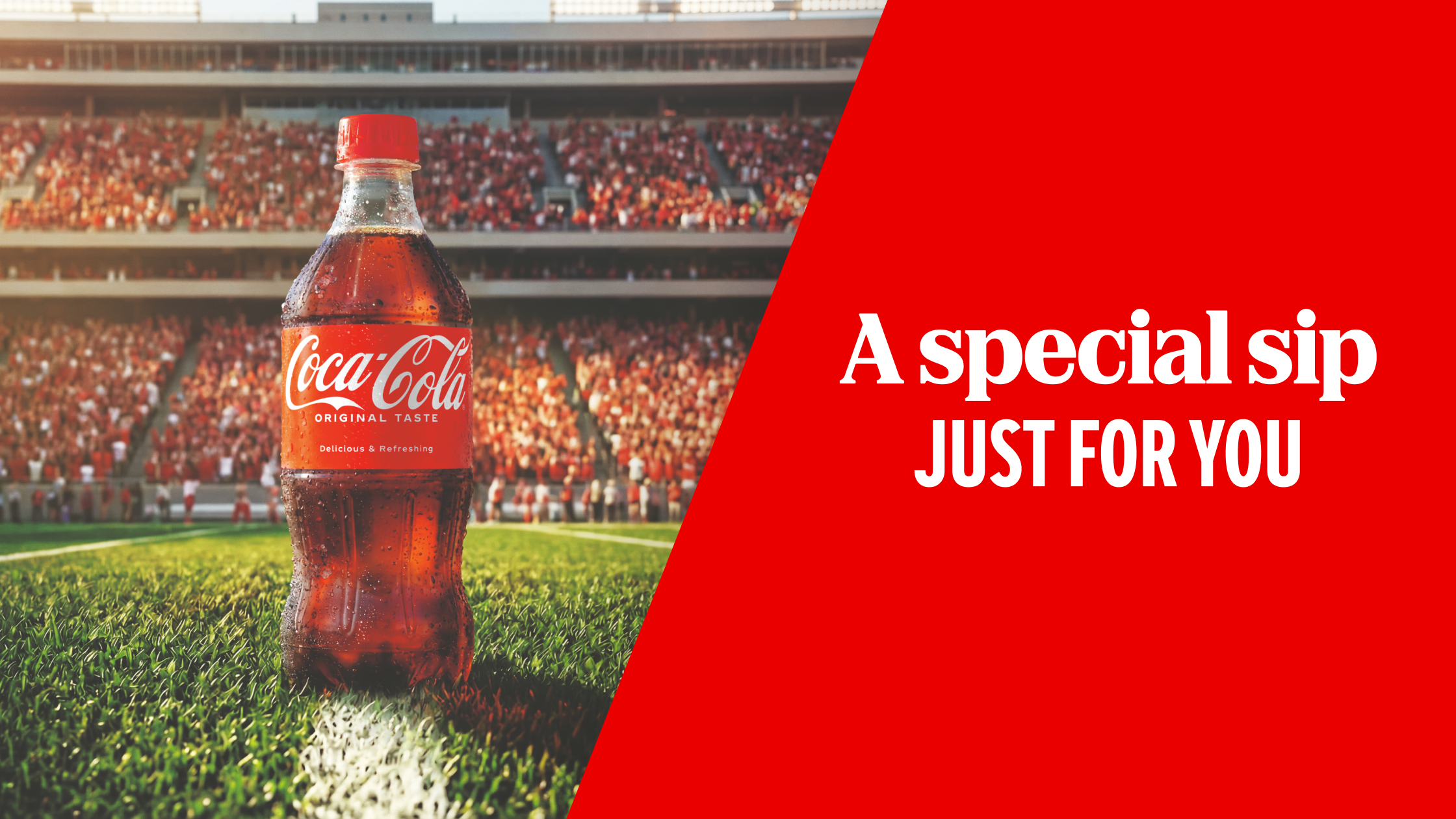 Coca-Cola fall football hero banner featuring an icy bottle on a stadium field and text, a special sip just for you.