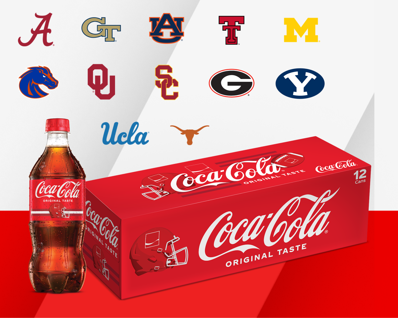 Coca-Cola fall football campaign showing a bottle and 12-pack case below various college team logos.