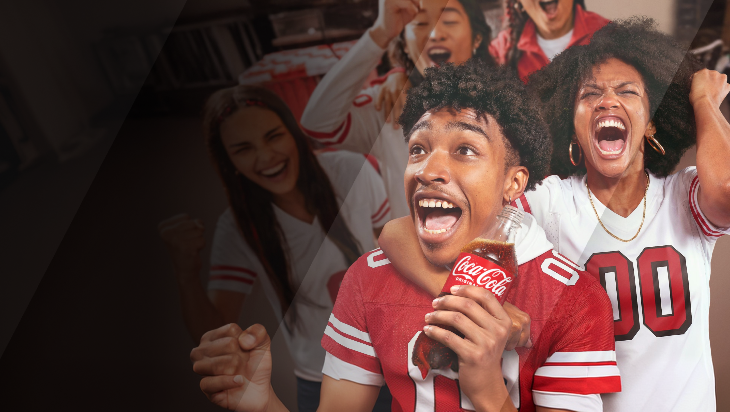  Excited fans in jerseys cheering at a fall sports football game while enjoying a refreshing bottle of Coca-Cola.