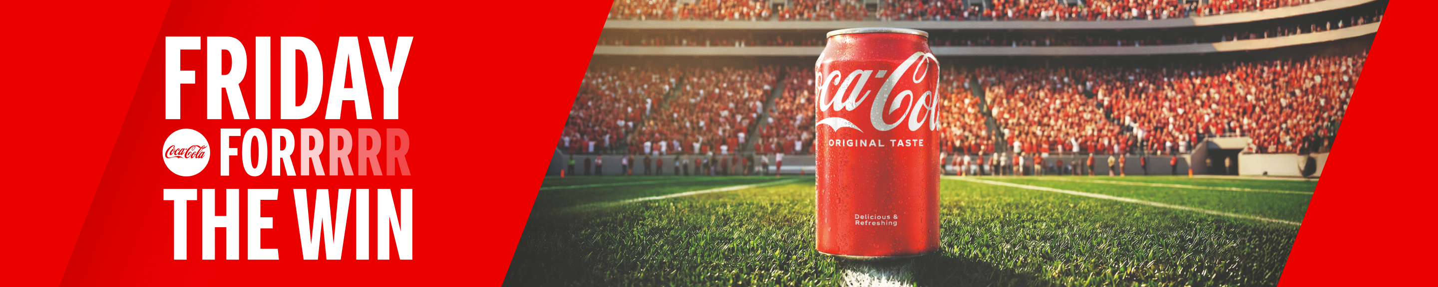 Fall Football campaign hero banner displaying a cold Coca-Cola can on a stadium field next to Friday For The Win text.