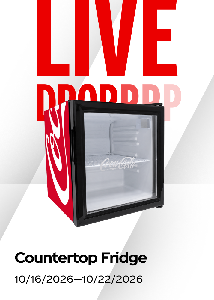Live weekly prize drop showcasing a Coca-Cola countertop fridge for the Fall Football promo.