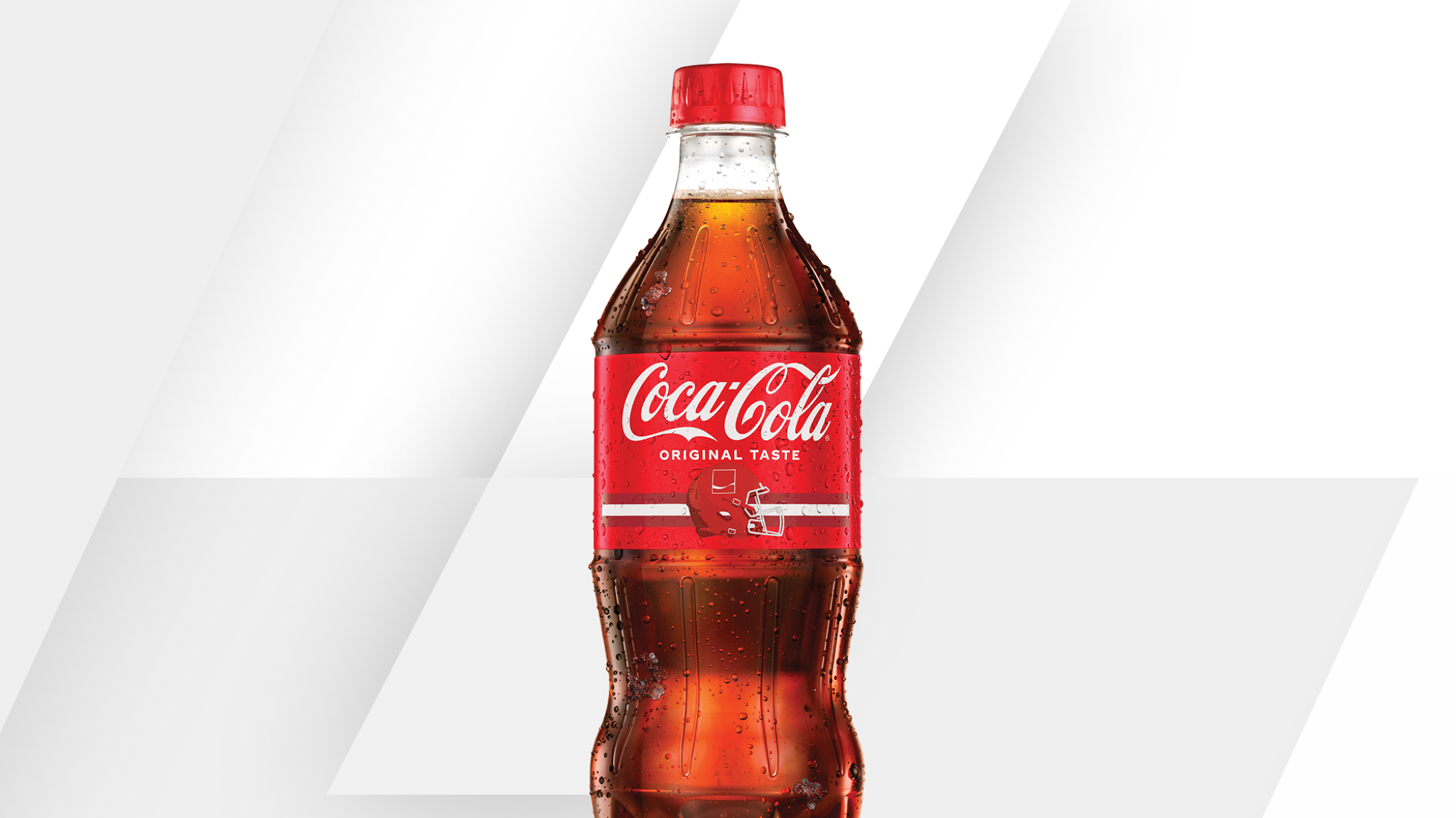Promotional banner displaying a Coca-Cola plastic bottle with a football helmet graphic for the Fall Football promo.