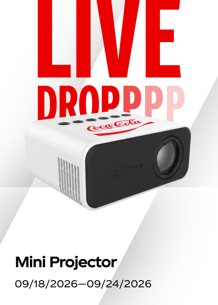 A branded digital mini projector shown as a live prize drop for the fall hockey promo.