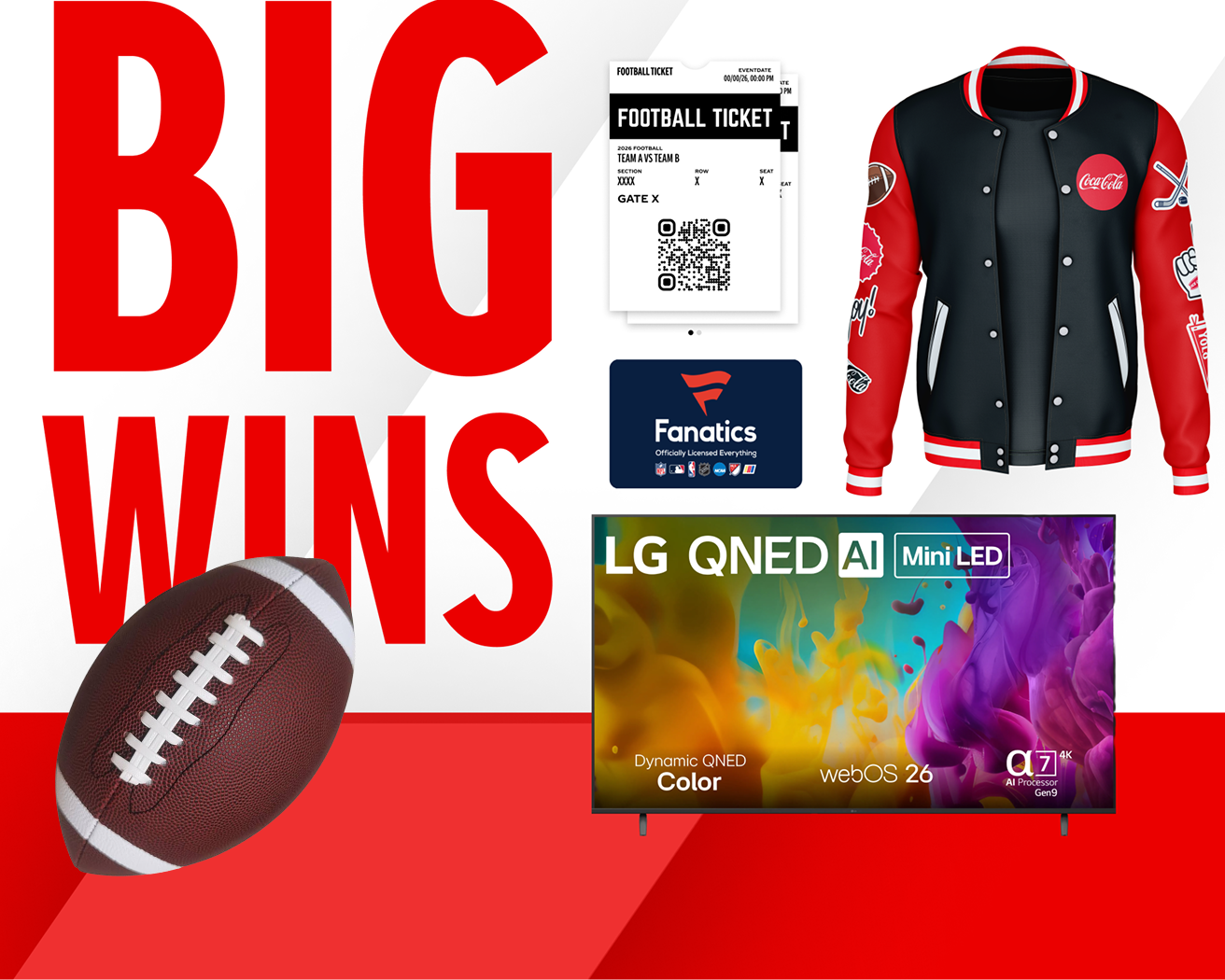 Coca-Cola Football Friday campaign banner showing a football and prizes like tickets, a varsity jacket, and an LG TV.