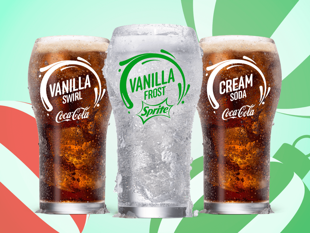 Glasses showcasing the Coca-Cola Vanilla Swirl, Coca-Cola Cream Soda, and Sprite Vanilla Frost flavors exclusive to Coke Freestyle machines 