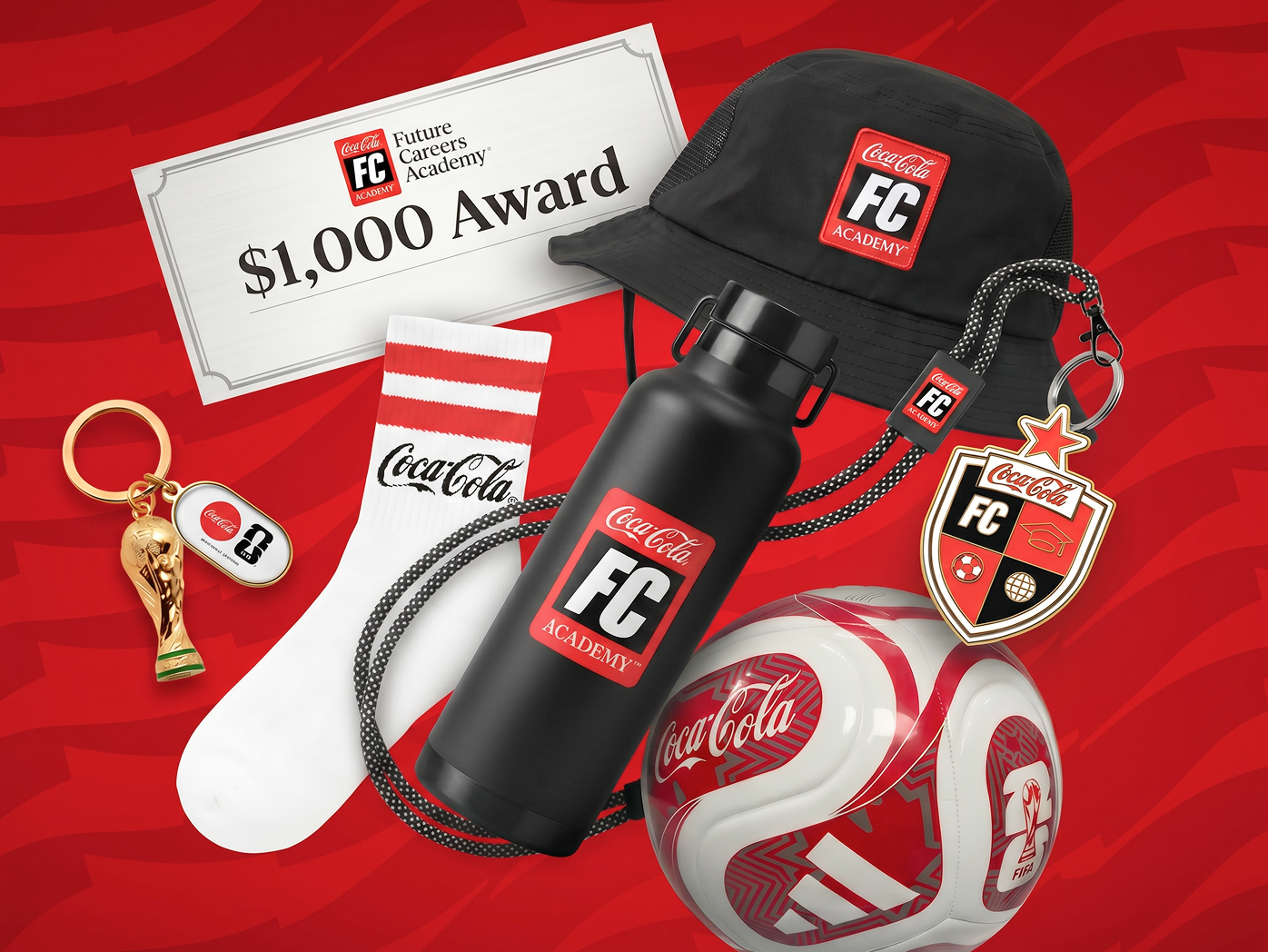 Promotional sweepstakes prizes for Coca-Cola FC Academy featuring a $1,000 award, branded soccer ball, and bucket hat.