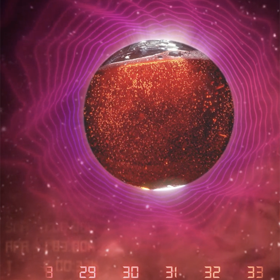 Sphere of Coca-Cola floating in space with coordinate numbers along the bottom
