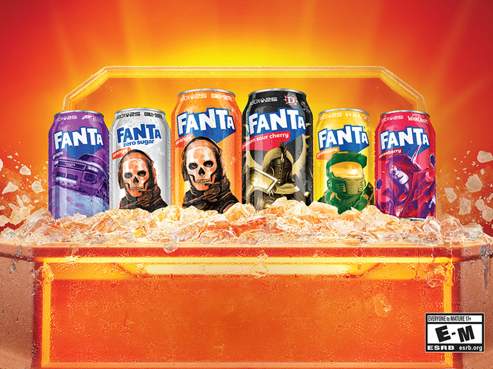Fanta gaming home tile showing cans with Xbox-inspired artwork packed in ice in a glowing orange cooler