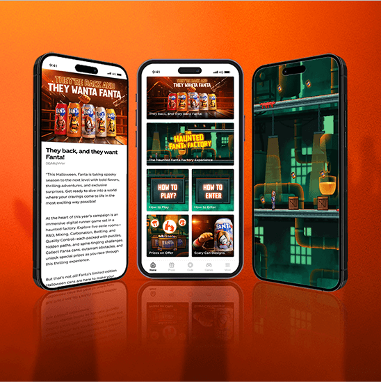 Image of three phones featuring images of Fanta Halloween game