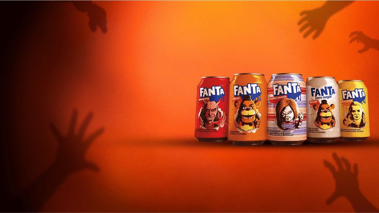 Set of Fanta cans with images of the characters Chucky, Freddy Fazbear, Mike Myer and The Grabber featured on them.
