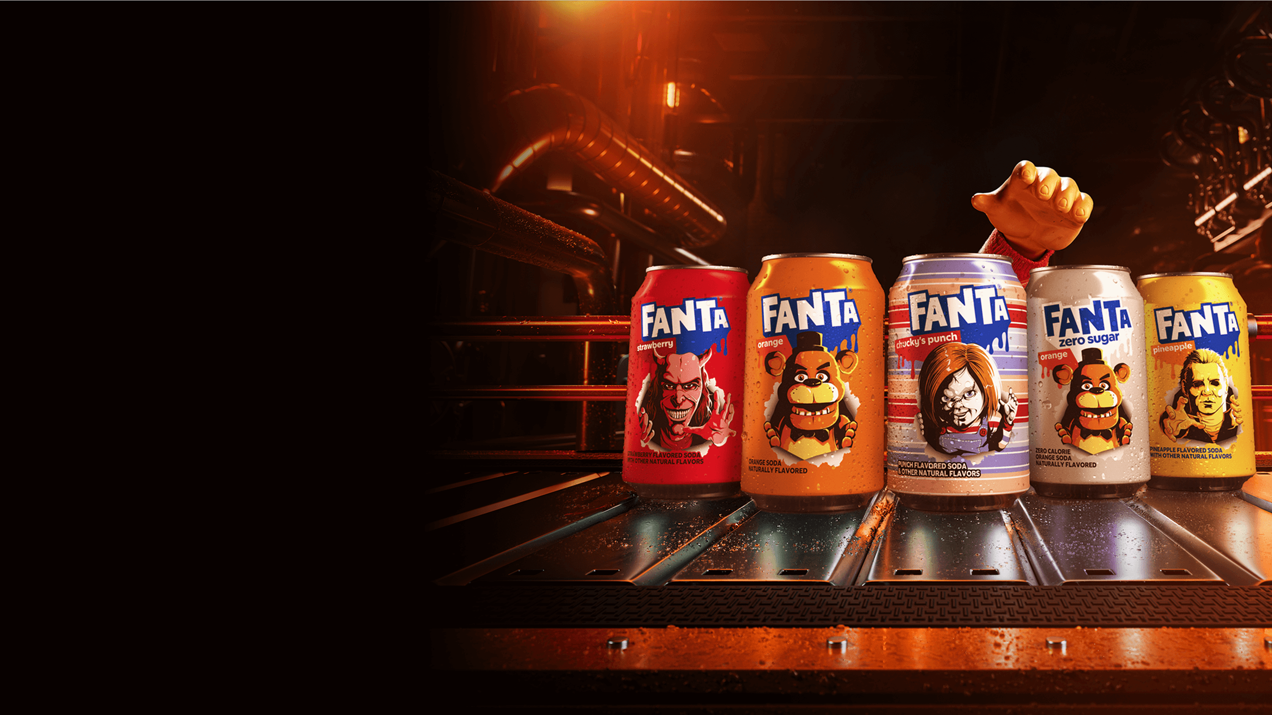 The hand of chucky from child's play reaching for the new chucky flavoured fanta can