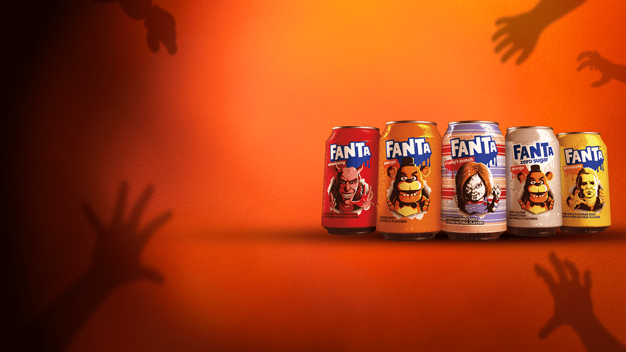 Set of Fanta cans with images of the characters Chucky, Freddy Fazbear, Michael Myers and The Grabber featured on them.