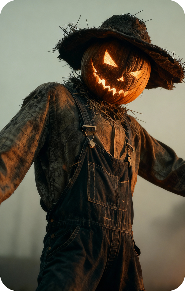 Haystacks with a glowing pumpkin head wearing overalls for a Fanta Halloween card.