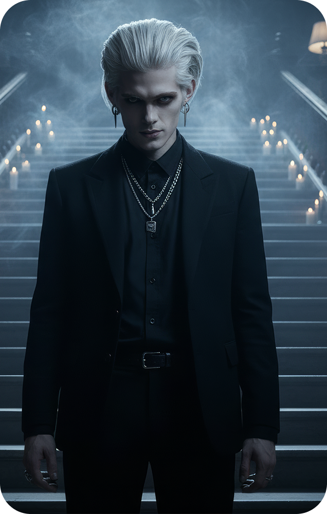Pale vampire character in a black suit on a candlelit Fanta Halloween promo card.