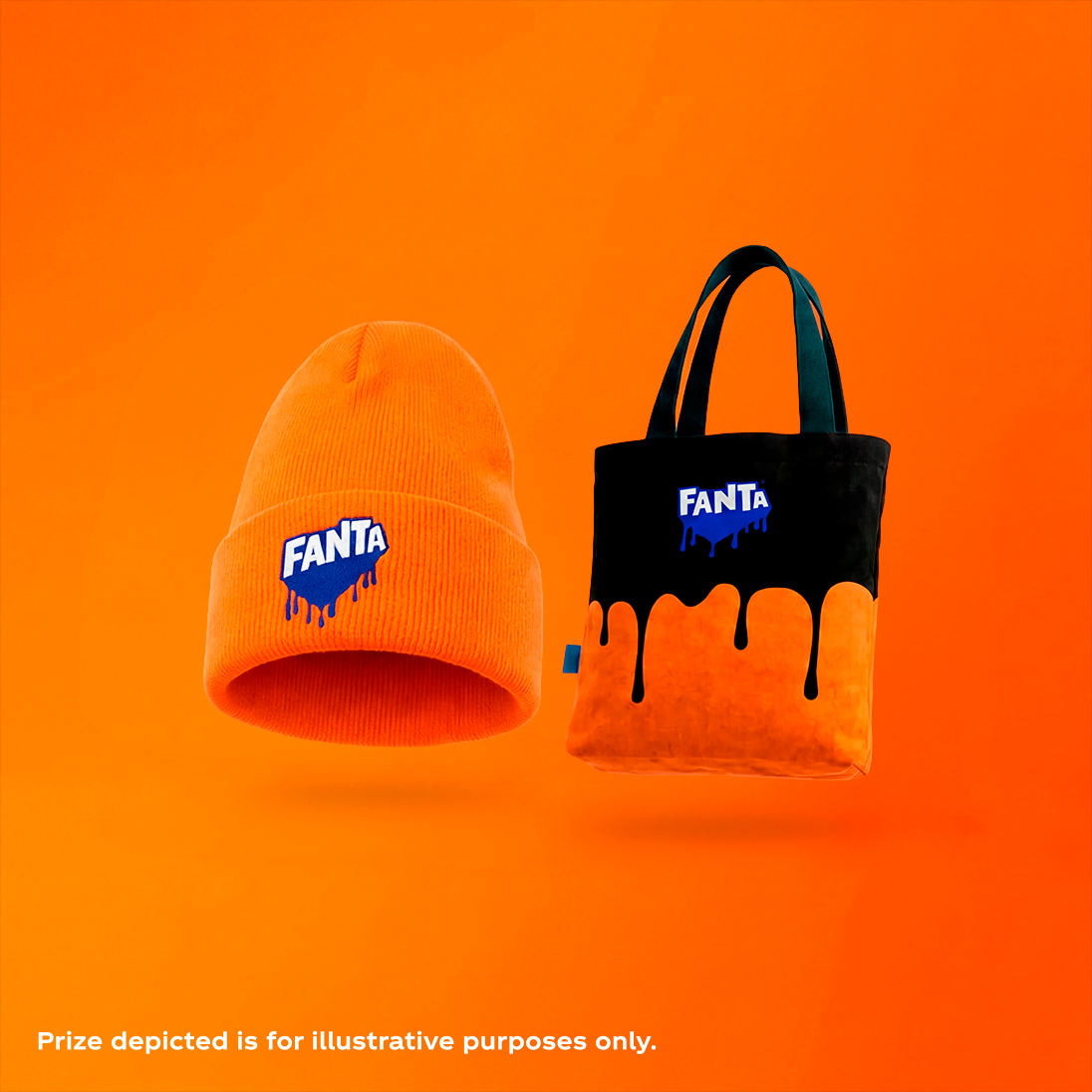 An orange beanie and a black and orange tote bag featuring dripping Fanta logos, displayed as promotional giveaway prizes.