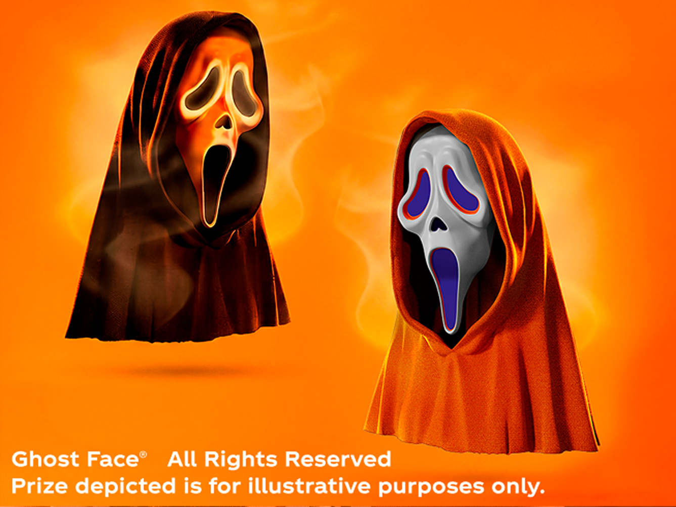 Two Ghost Face masks, including a limited-edition glow-in-the-dark design, floating on an orange background for a Fanta Halloween prize image.