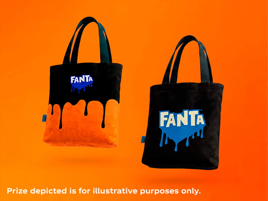 Two Fanta Halloween tote bags with dripping logos, shown as promotional giveaway prizes on a bright orange background.