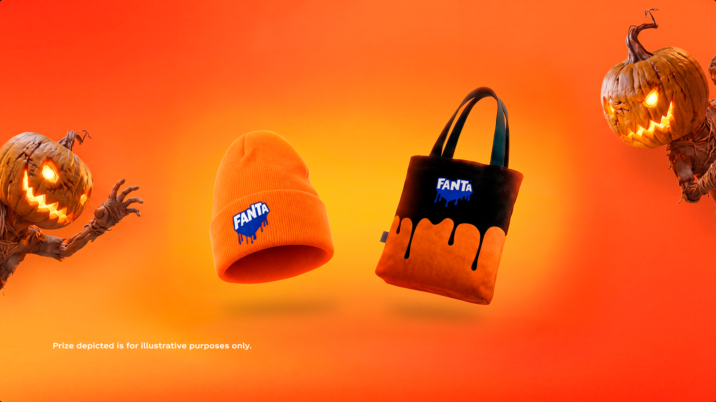 Pumpkin-headed characters reach for a Fanta beanie and tote bag in this Halloween promotional banner.