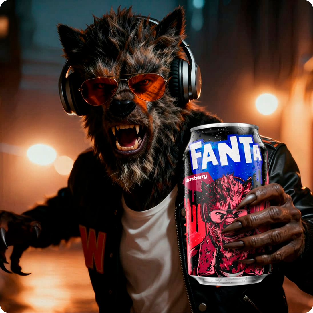 The Howlie character surrounded by neon lights and moonlit atmosphere holding a Howlie Fanta can