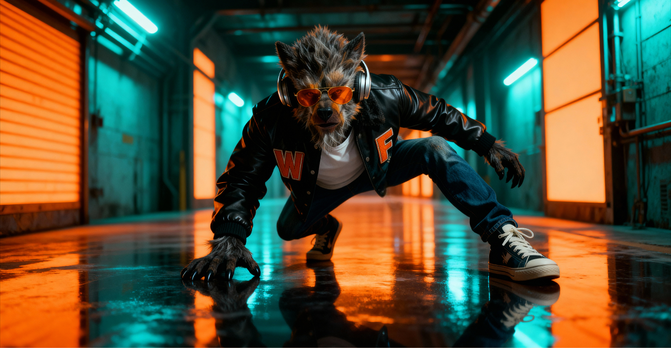 Howlie the werewolf DJ crouches in a neon-lit corridor wearing a varsity jacket as part of the Fanta Halloween campaign.