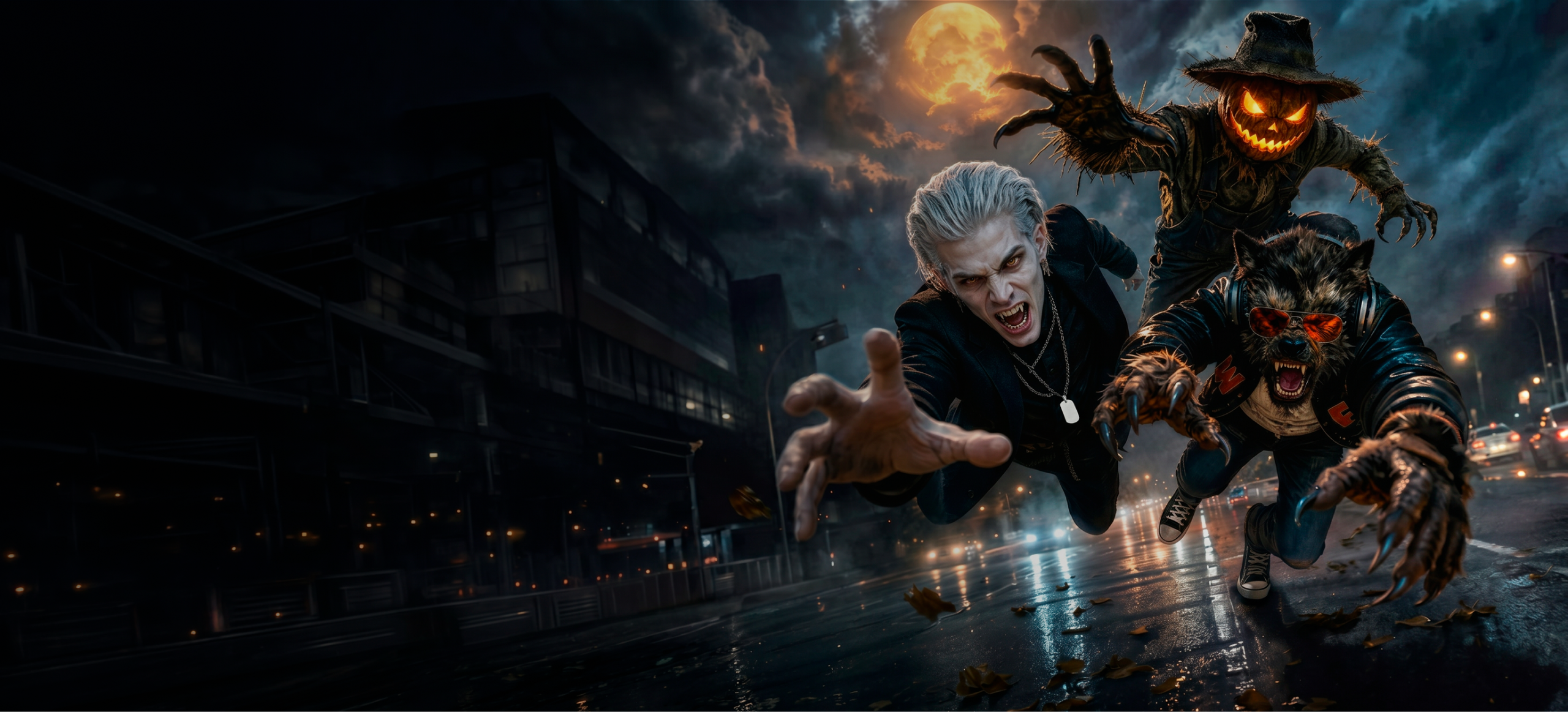 Three Haunted Icons fly forward  against an ominious dark sky and orange full moon
