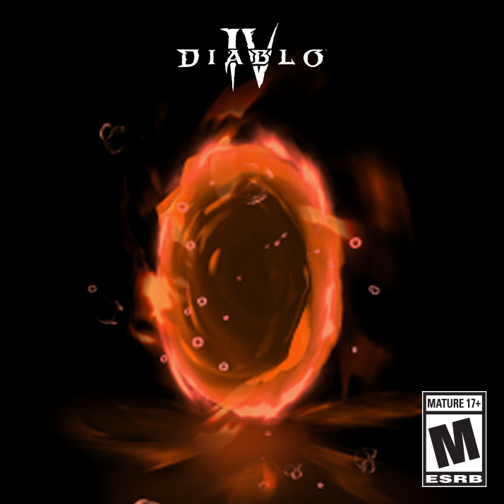 Un portail orange brillant sur fond noir, sous un logo de Diablo IV