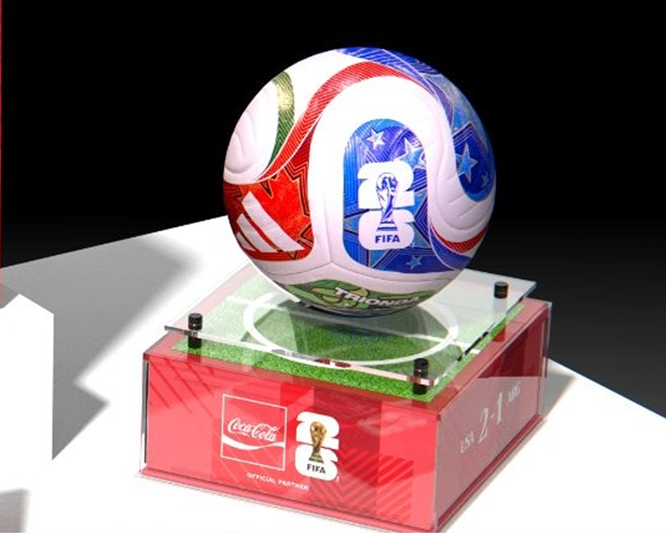 Official FIFA match ball with red, green and blue panels on glass stand above Coca‑Cola branded trophy base.