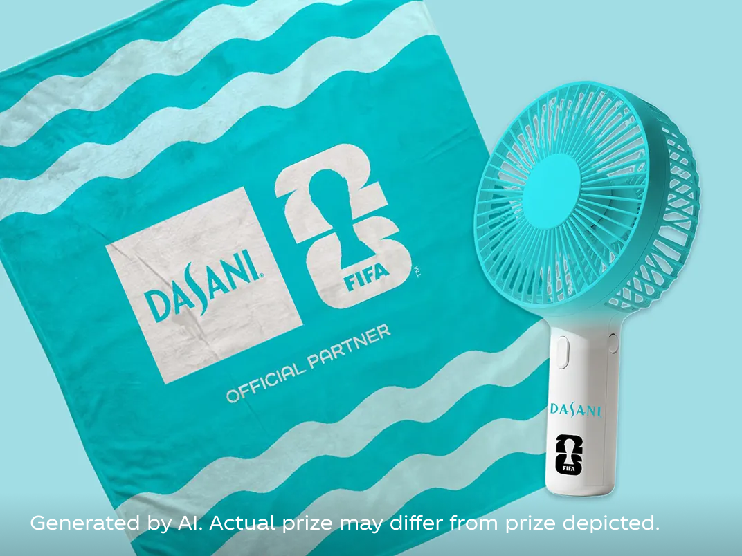 Turquoise DASANI and FIFA branded towel laid out beside matching handheld electric fan on light blue background.