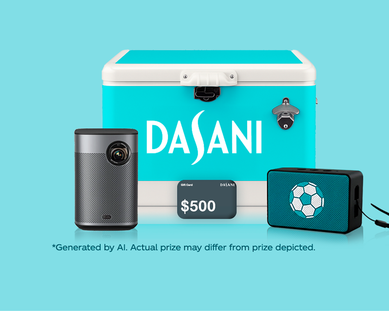 Turquoise DASANI cooler with FIFA logo, portable projector, teal speaker and $500 gift card representing grand Prize Locker prize.