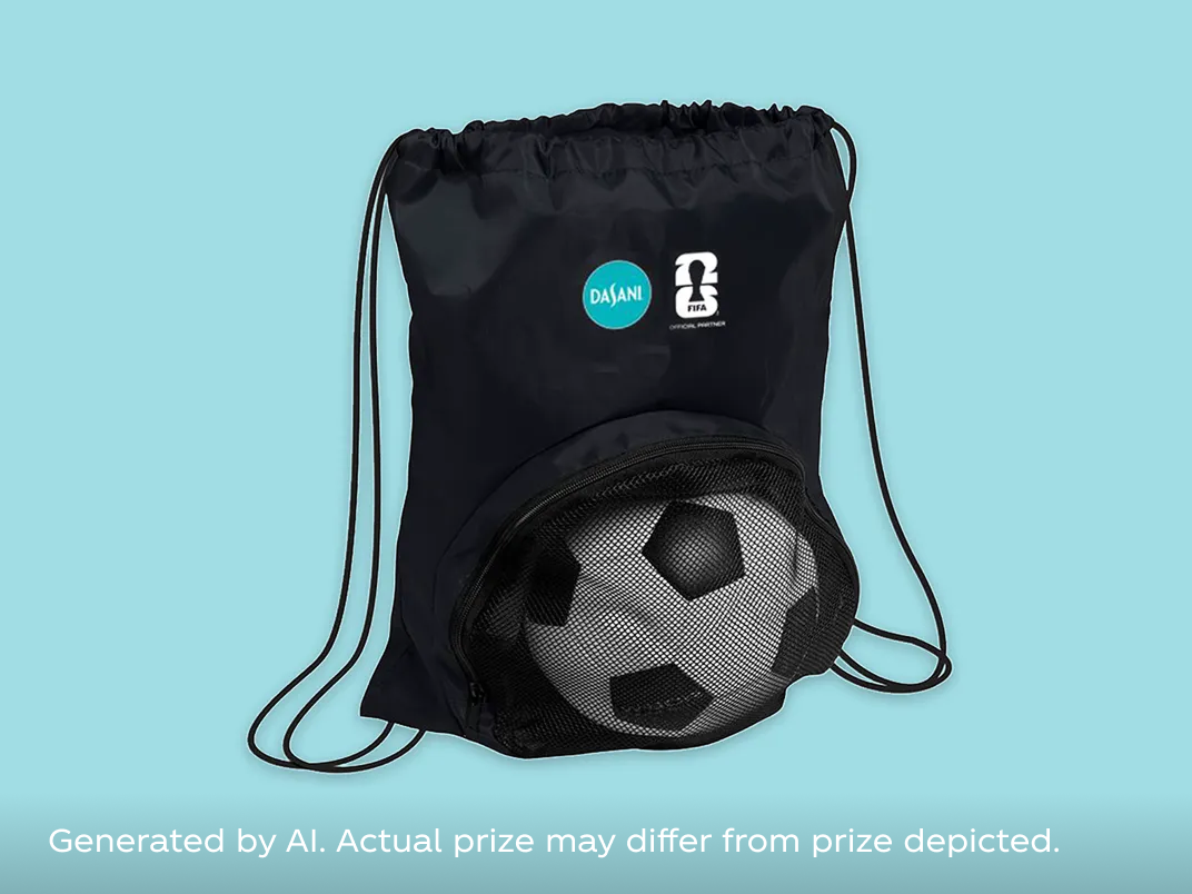 Black drawstring sports bag with DASANI and FIFA logos and mesh pocket holding classic black and white soccer ball on aqua background.