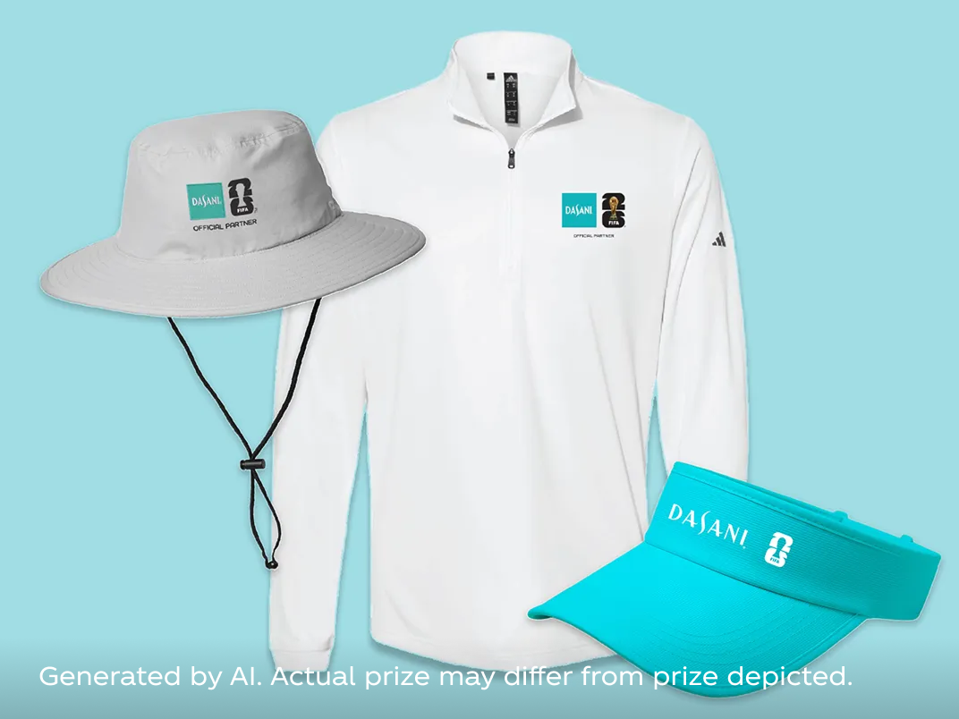 Sun‑safe DASANI FIFA swag set featuring wide‑brim hat, white quarter‑zip pullover and teal visor laid out on light blue background.