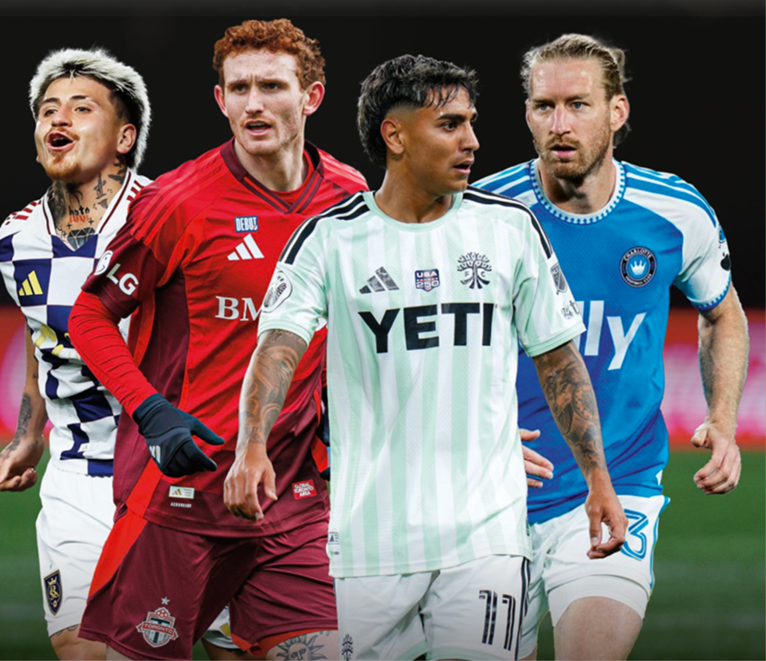 Four soccer players in club jerseys walking on pitch, key art for Coca-Cola FIFA matchday sweepstakes promotion.
