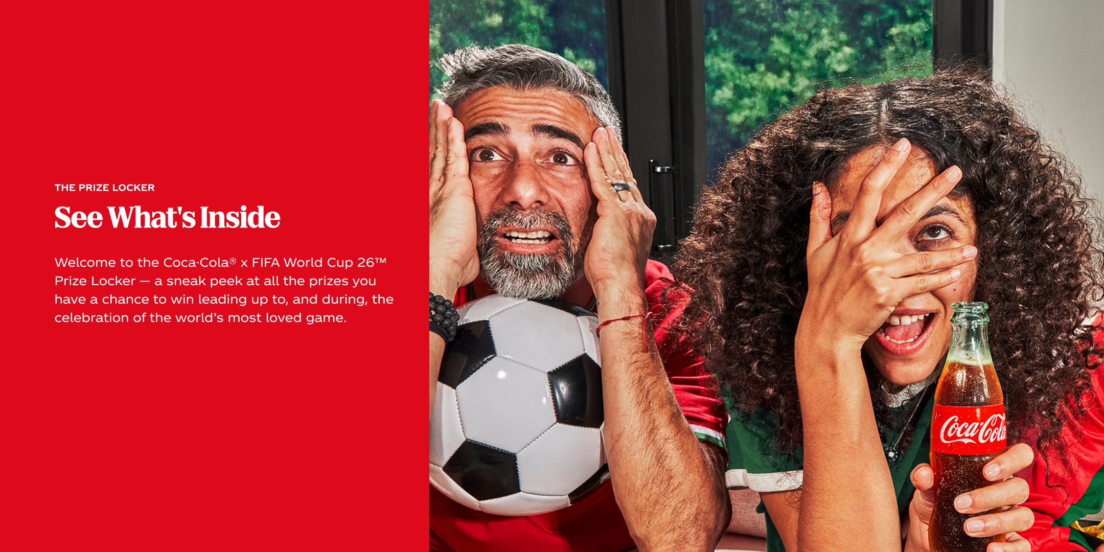 Coca‑Cola FIFA Prize Locker hero with See What’s Inside headline, two fans covering eyes while holding soccer ball and Coca‑Cola bottle.