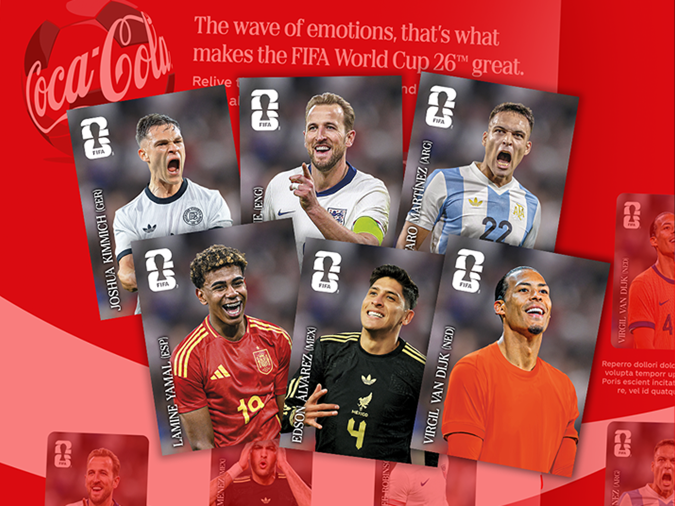 Collage of FIFA World Cup trading cards featuring soccer players in team jerseys on a red Coca-Cola background promoting digital hub content.
