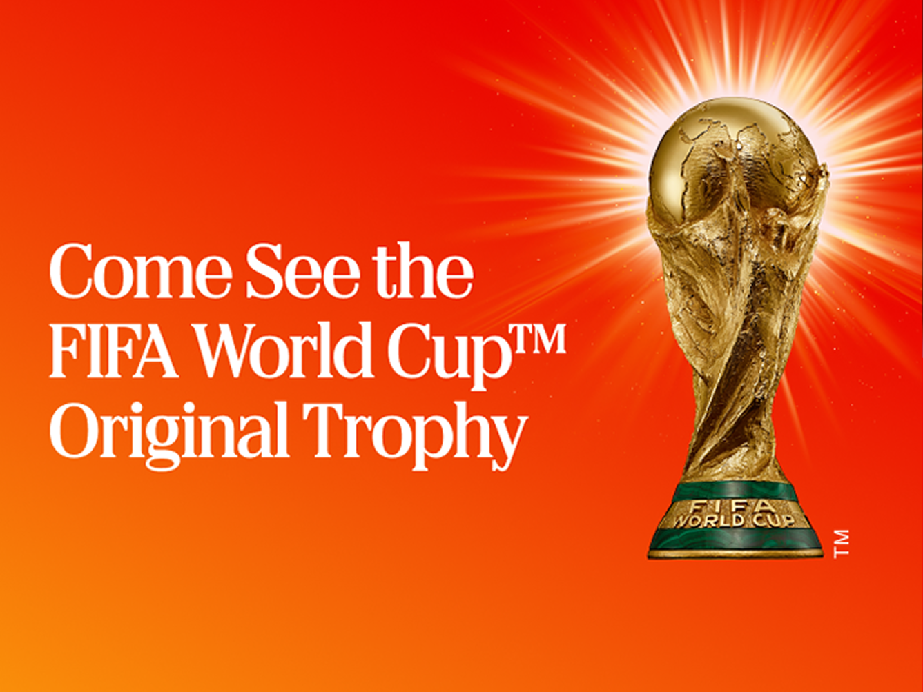 Golden FIFA World Cup Original Trophy glowing on an orange gradient background with headline inviting fans to see the trophy on tour.