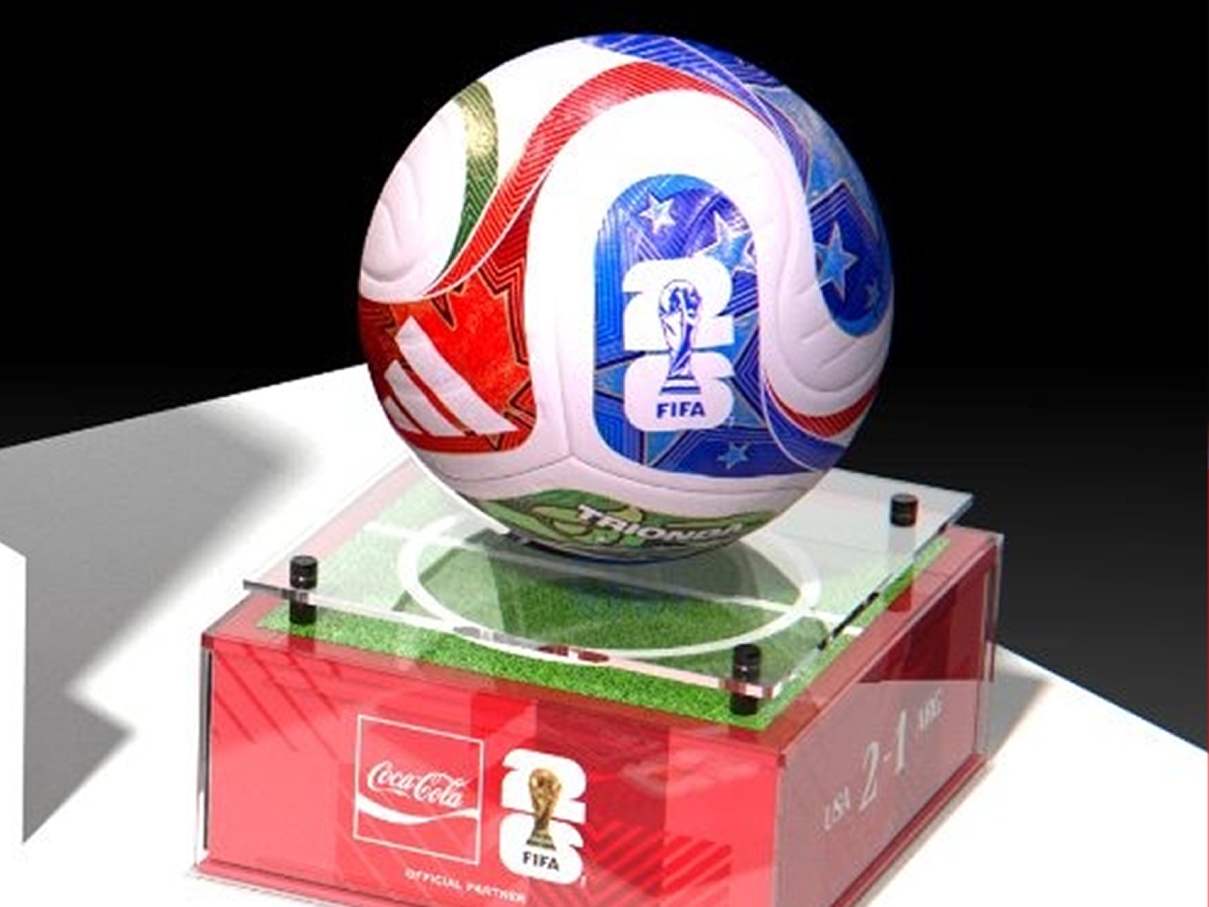 Official FIFA World Cup match ball displayed in a clear case on a red Coca-Cola base, highlighted as a collectible sweepstakes prize.
