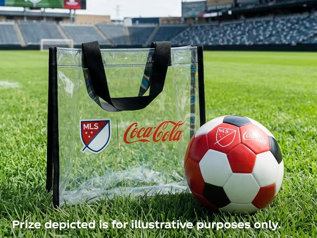 MLS and Coca-Cola clear stadium tote bag and soccer ball on field promoting Match Day Getaway sweepstakes merch prize