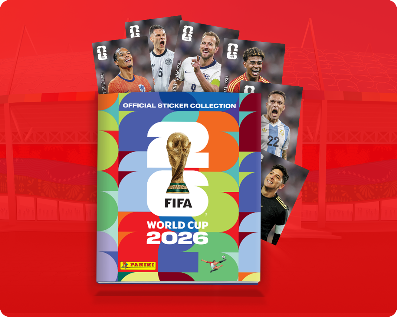FIFA World Cup 2026 Panini sticker album graphic with player stickers and Google Play and App Store badges