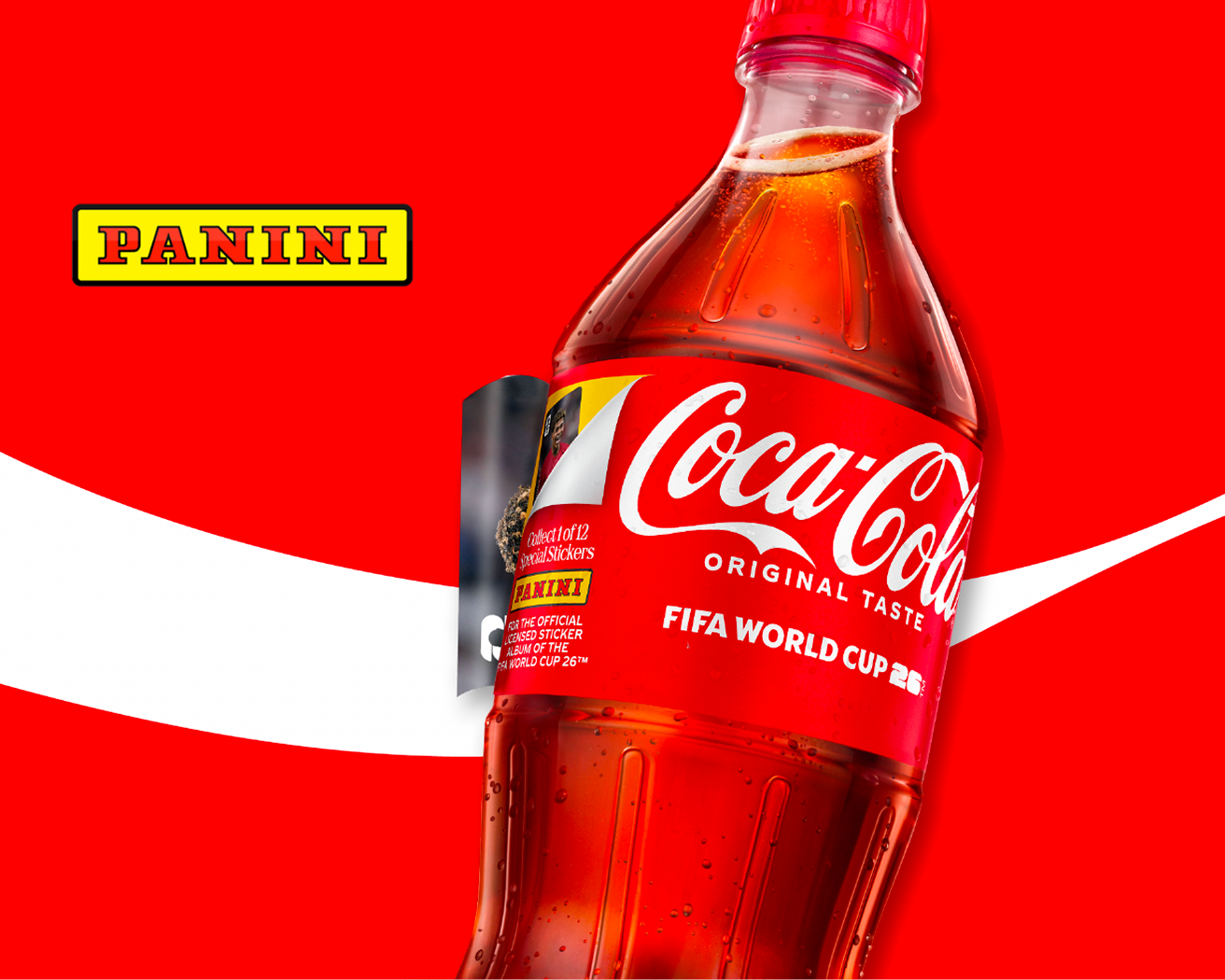 Coca-Cola bottle with a peelable Panini FIFA World Cup 2026 themed label