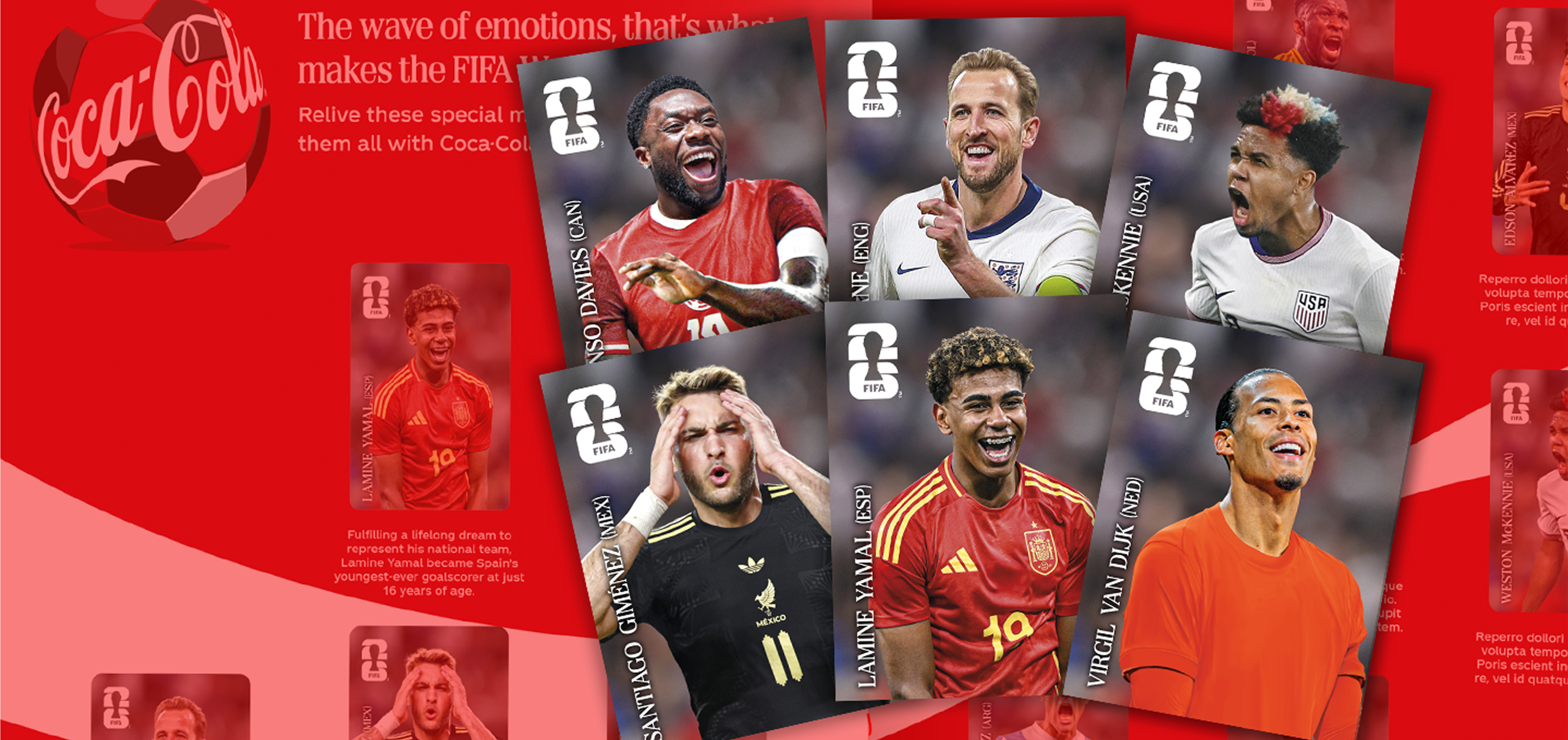 Close-up of six different FIFA Panini player cards featuring Alphonso Davies, Harry Kane, Weston McKennie, Santiago Giménez, Lamine Yamal and Virgil Van Dijk 