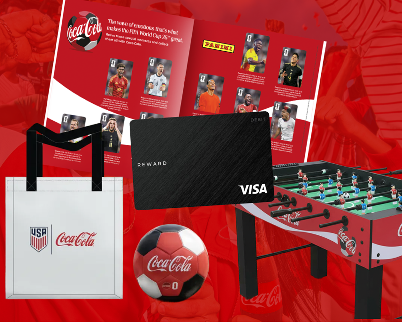 Coca‑Cola and US Soccer prize bundle with tote bag, Panini album, foosball table, soccer ball and VISA card