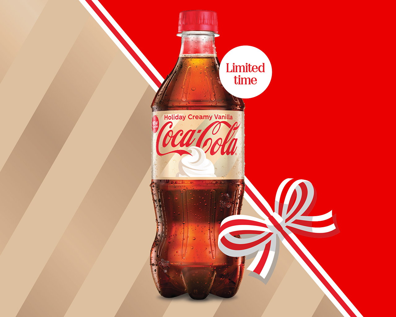 A plastic bottle of Coca-Cola Holiday Creamy Vanilla with a red cap and a cream-colored label showing a whipped cream graphic and a "New flavor" badge. It sits on a split tan-striped and red background. A white circle reads "Limited time," and a red-and-white striped ribbon with a bow runs diagonally across the image.