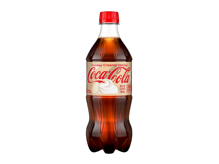 a 20 fl oz bottle of Coca-Cola Holiday Creamy Vanilla