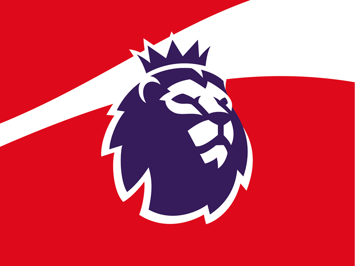 Official Premier League lion logo displayed on a red and white background for the Soccer Central campaign.