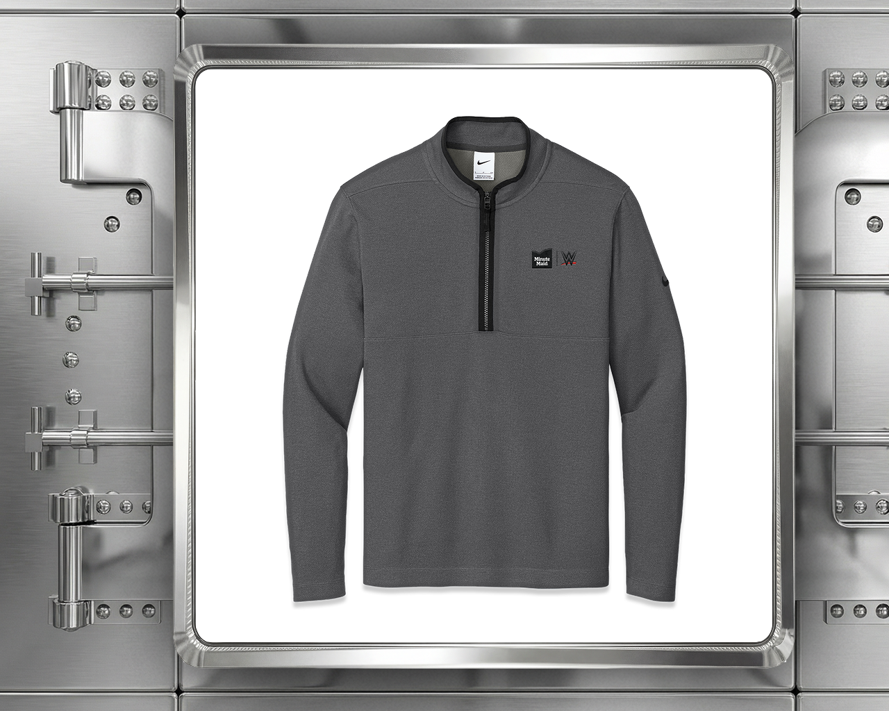 Grey quarter-zip pullover featuring Minute Maid and WWE logos displayed inside a metallic vault.
