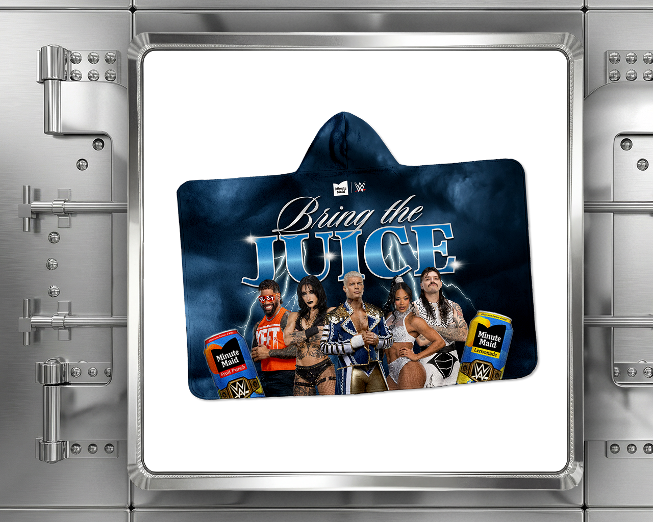 WWE Superstars Cody Rhodes, Rhea Ripley, and Bianca Belair on a hooded blanket for the Minute Maid 'Bring the Juice' campaign.