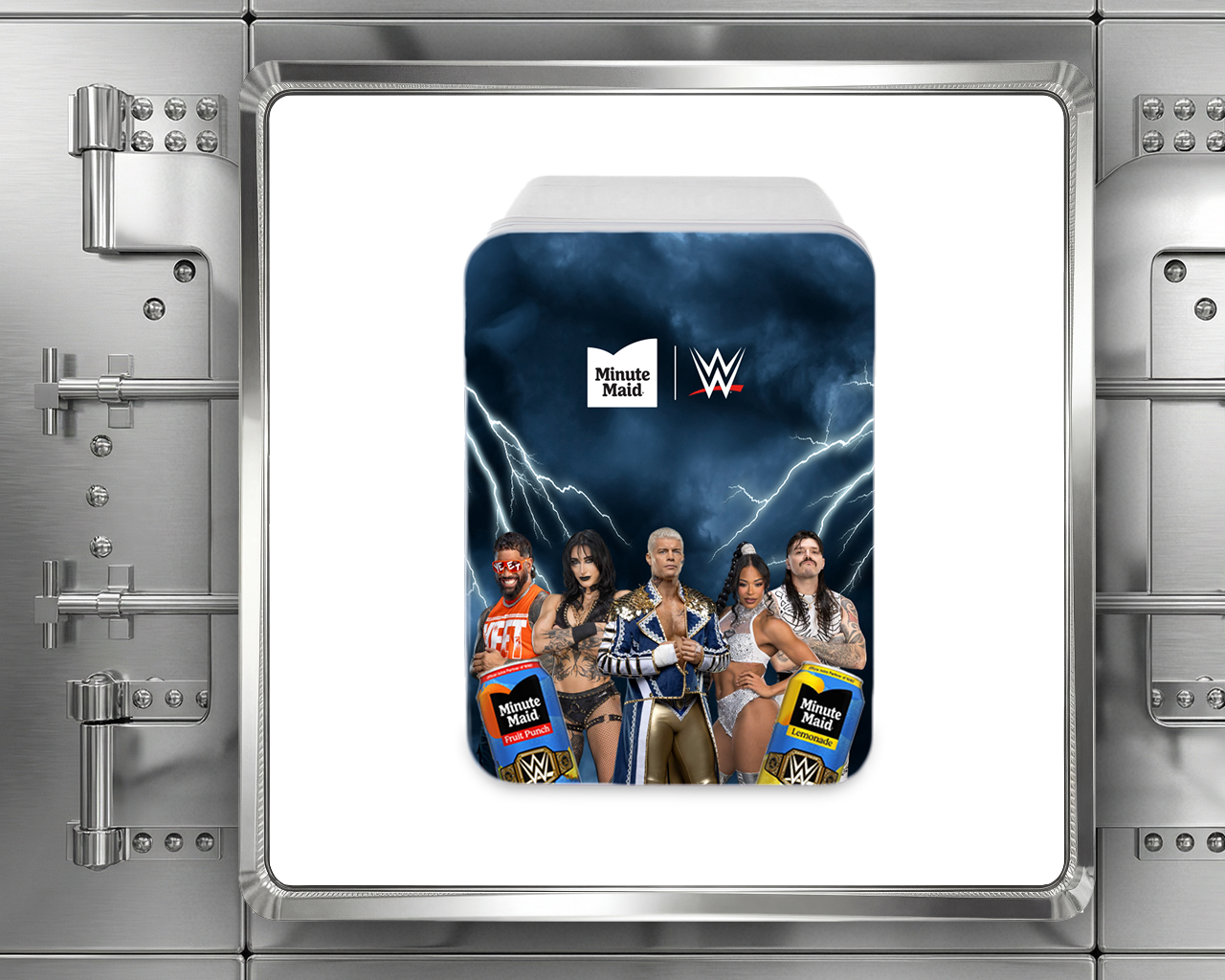 Minute Maid and WWE promotional 4L mini-fridge inside a vault, displaying WWE Superstars and custom branded juice cans.