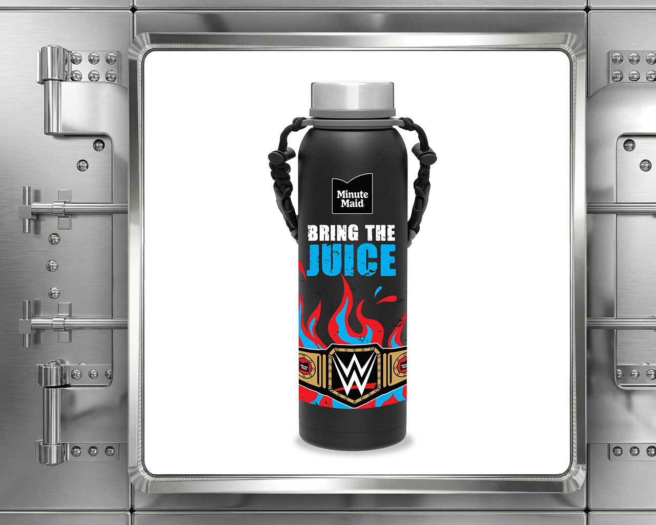 Exclusive Minute Maid and WWE black reusable thermal bottle with flame design displayed inside a metallic vault.