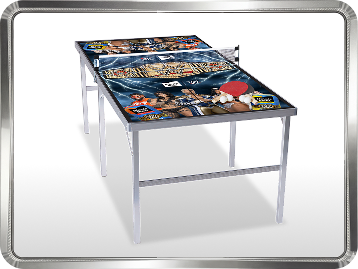 Portable table tennis game wrapped in Minute Maid x WWE artwork with championship belt and wrestlers printed on playing surface.